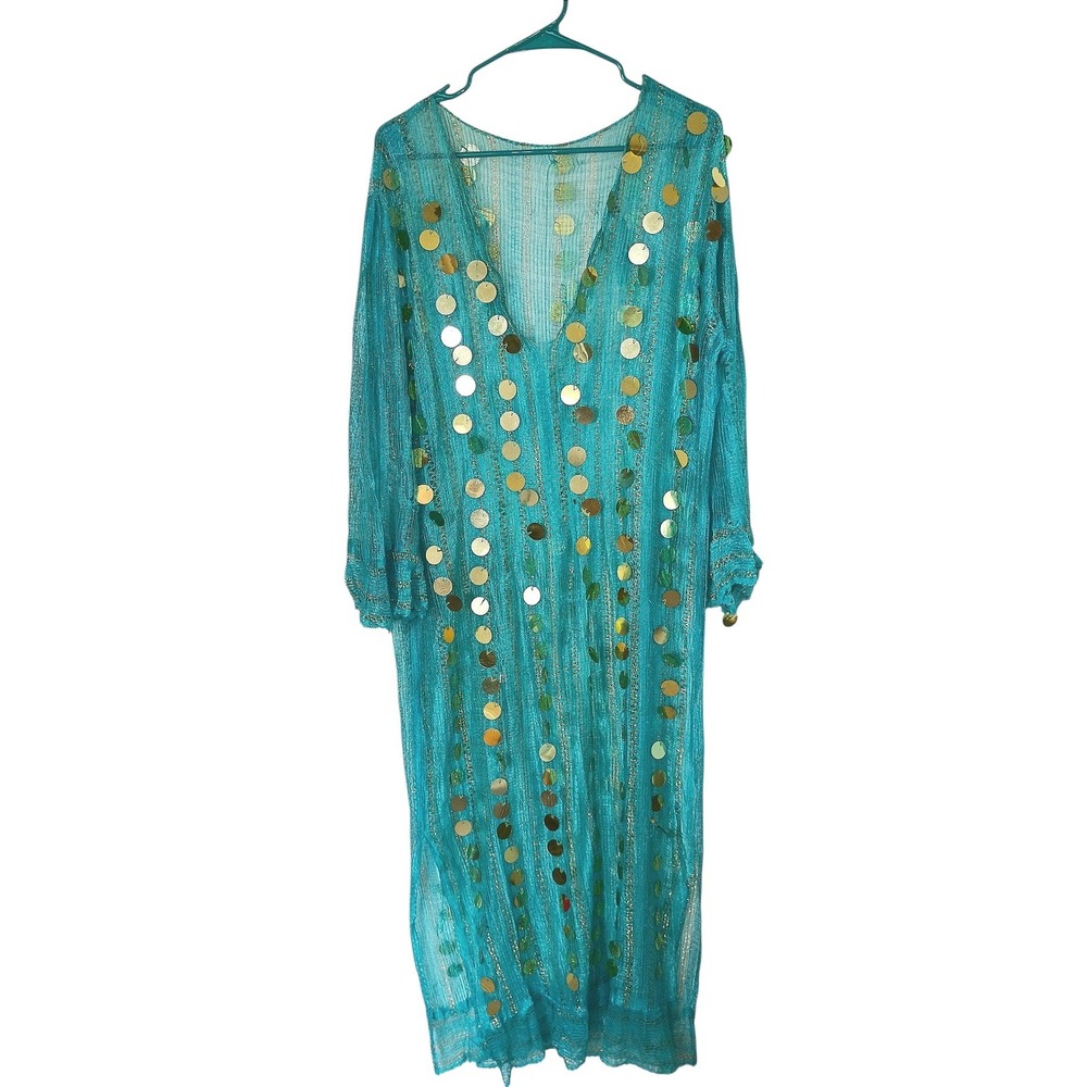 Turquoise Gold Sequin Mesh Kaftan V-Neck Lurex Stripe Festival Coverup Dress
